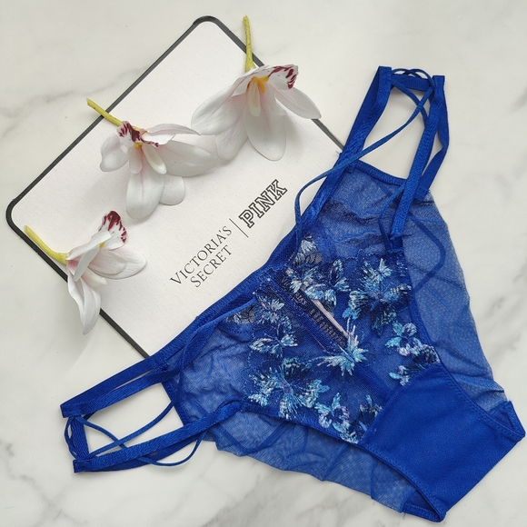 NWT VICTORIA'S SECRET VERY SEXY BUTTERFLY EMBROIDERY STRAPPY BIKINI PANTY BLUE X - Picture 1 of 6